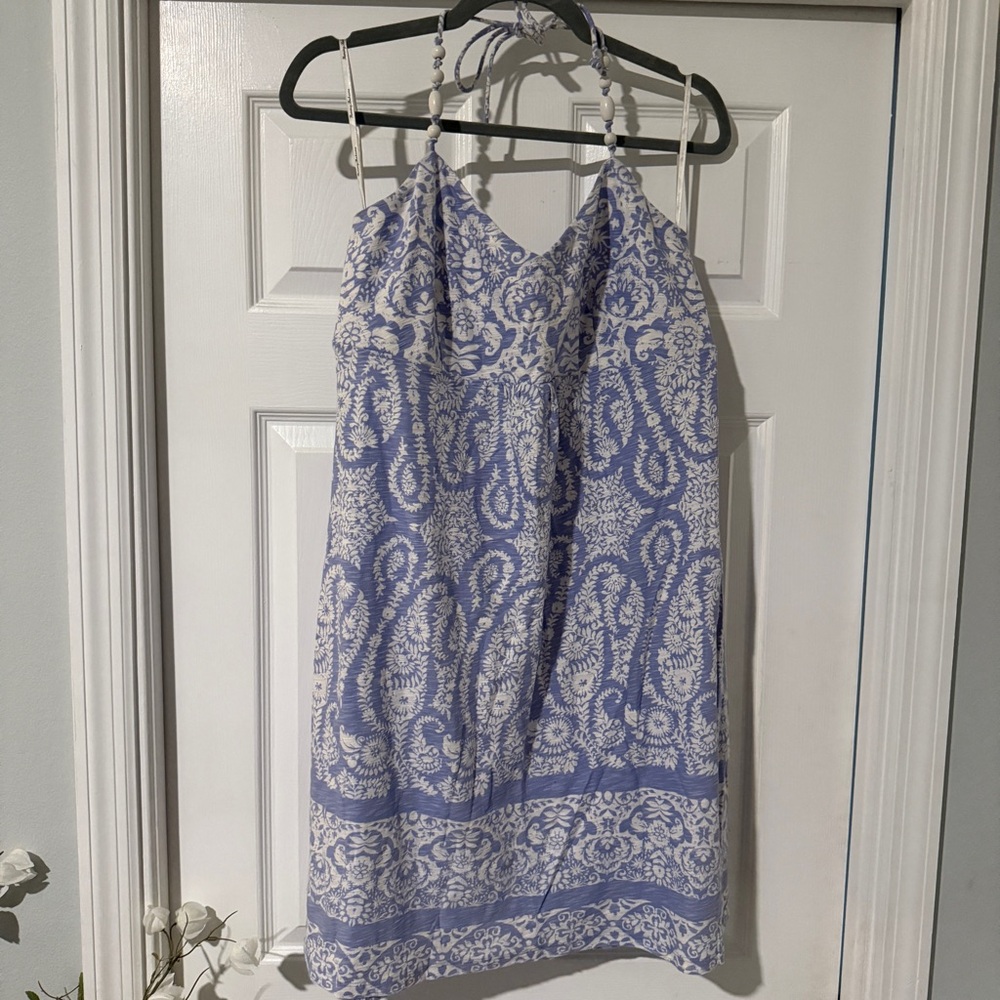 Tommy Bahama Blue and White Leaf Paisley Sleeveless Dress